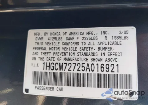 2005 Honda Accord 2.4 Ex из США, поврежденный, VIN 1HGCM72725A016921